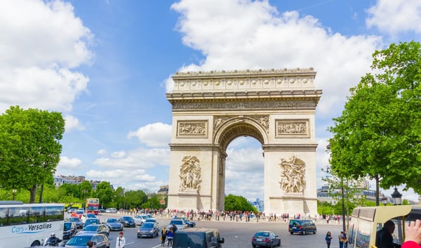 beautiful summer view of champs elysees and arc de  triomphe paris france 